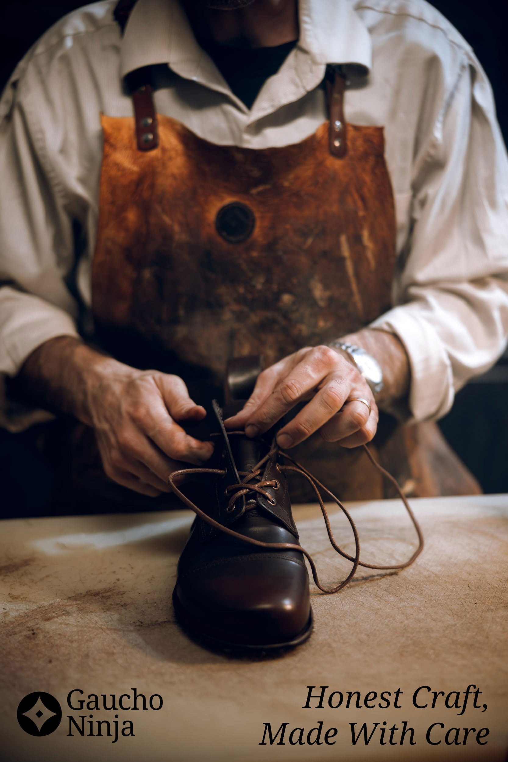 Person wearing a leather apron and working on a brown shoe with 'Gaucho Ninja' branding.