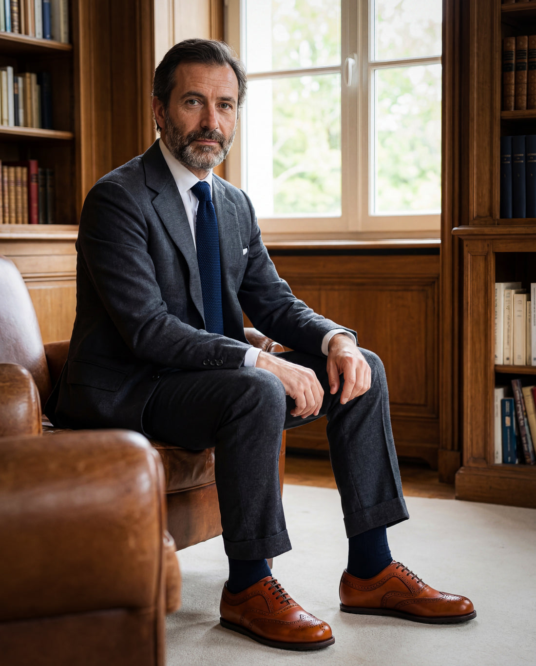 Man in a suit sitting on a leather chair in a room with bookshelves wearing Gaucho Ninja Goodyear welted barefoot brogue shoes in brown
