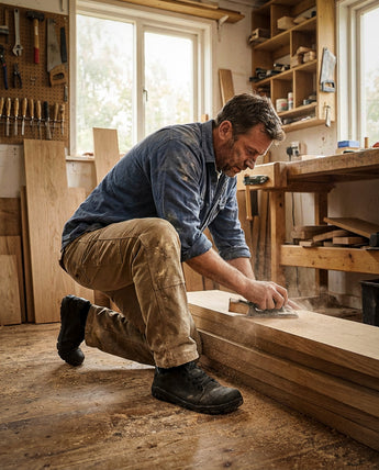 Man working with wood in a workshop wearing barefoot safety trainers by Gaucho Ninja