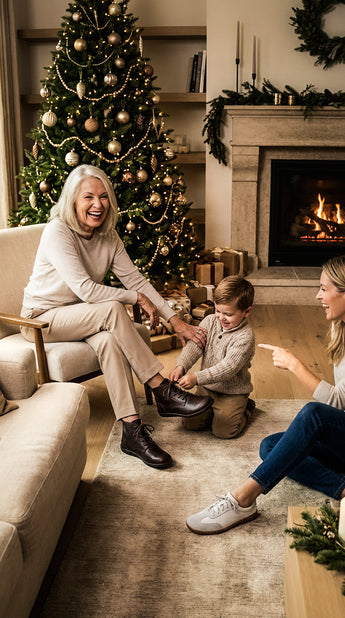 Woman wearing Gaucho Ninja Barefoot Boots sitting on a couch with a child and another woman wearing White Barefoot Trainers in a living room decorated for Christmas.